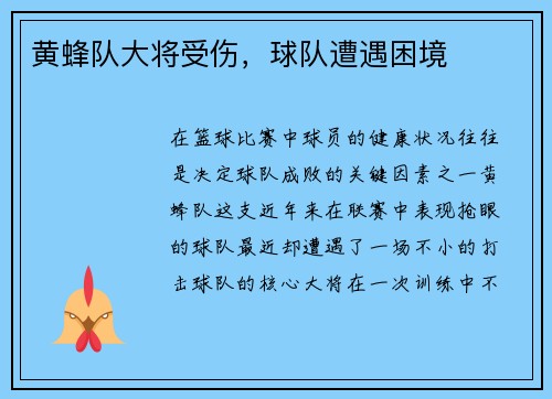 黄蜂队大将受伤，球队遭遇困境