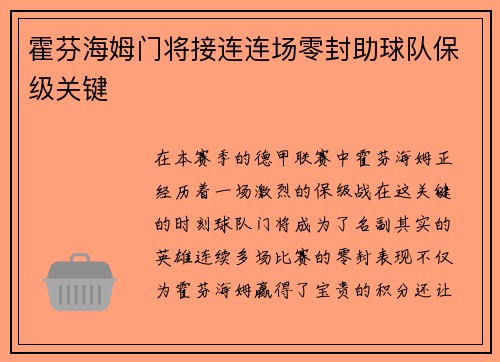 霍芬海姆门将接连连场零封助球队保级关键