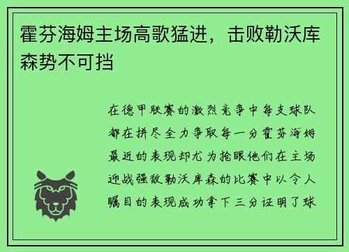 霍芬海姆主场高歌猛进，击败勒沃库森势不可挡