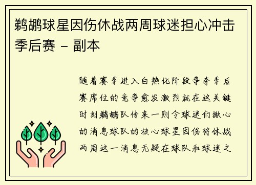 鹈鹕球星因伤休战两周球迷担心冲击季后赛 - 副本