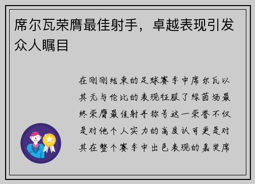 席尔瓦荣膺最佳射手，卓越表现引发众人瞩目