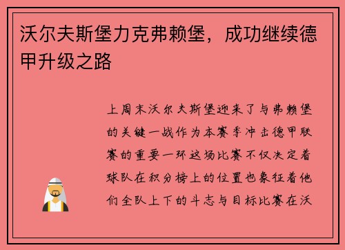 沃尔夫斯堡力克弗赖堡，成功继续德甲升级之路