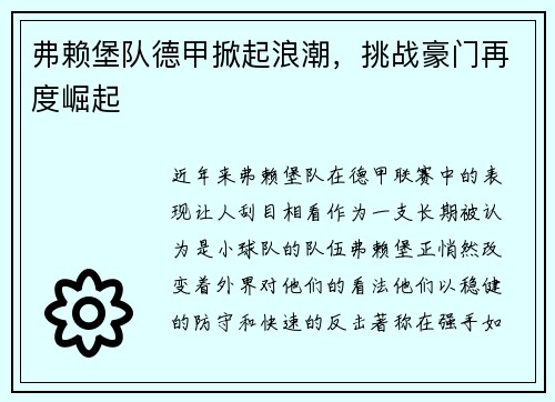 弗赖堡队德甲掀起浪潮，挑战豪门再度崛起