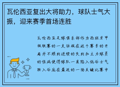 瓦伦西亚复出大将助力，球队士气大振，迎来赛季首场连胜