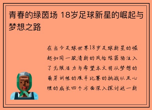 青春的绿茵场 18岁足球新星的崛起与梦想之路