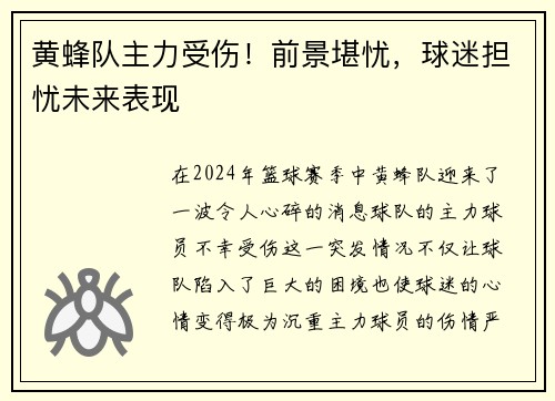 黄蜂队主力受伤！前景堪忧，球迷担忧未来表现